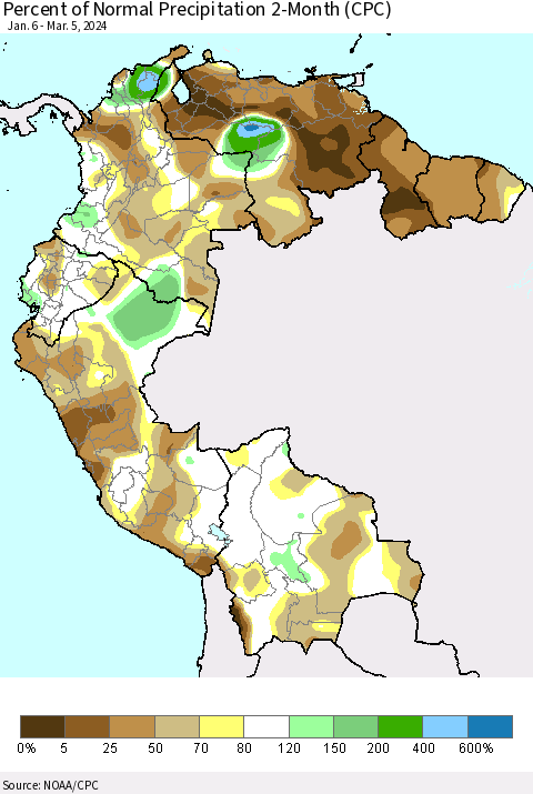 Northern South America Percent of Normal Precipitation 2-Month (CPC) Thematic Map For 1/6/2024 - 3/5/2024