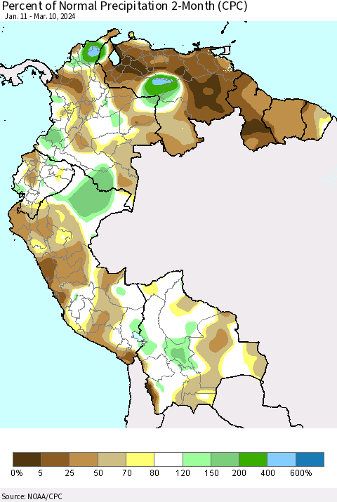 Northern South America Percent of Normal Precipitation 2-Month (CPC) Thematic Map For 1/11/2024 - 3/10/2024