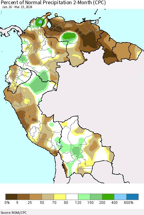 Northern South America Percent of Normal Precipitation 2-Month (CPC) Thematic Map For 1/16/2024 - 3/15/2024