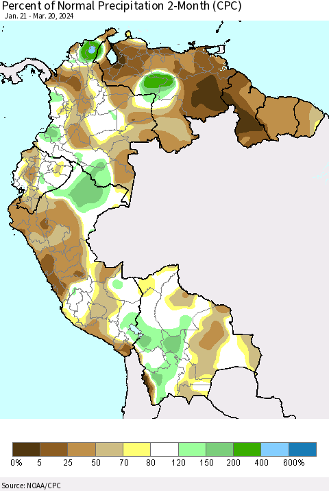 Northern South America Percent of Normal Precipitation 2-Month (CPC) Thematic Map For 1/21/2024 - 3/20/2024