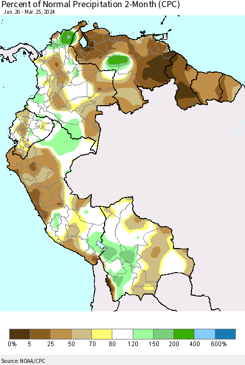 Northern South America Percent of Normal Precipitation 2-Month (CPC) Thematic Map For 1/26/2024 - 3/25/2024