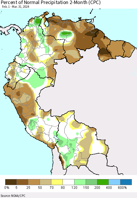 Northern South America Percent of Normal Precipitation 2-Month (CPC) Thematic Map For 2/1/2024 - 3/31/2024