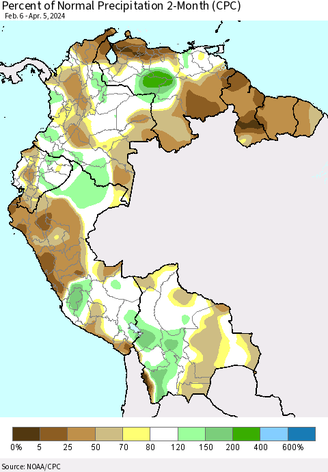 Northern South America Percent of Normal Precipitation 2-Month (CPC) Thematic Map For 2/6/2024 - 4/5/2024