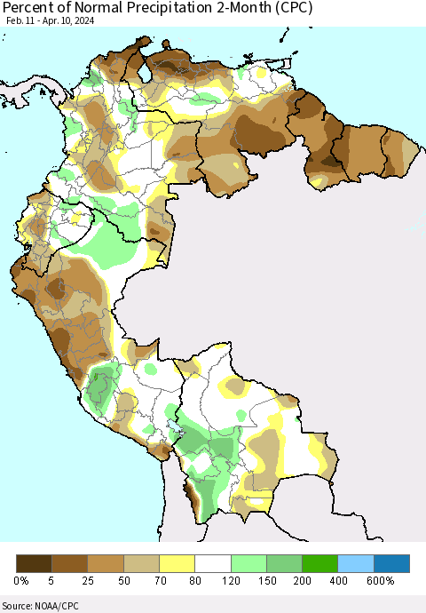 Northern South America Percent of Normal Precipitation 2-Month (CPC) Thematic Map For 2/11/2024 - 4/10/2024