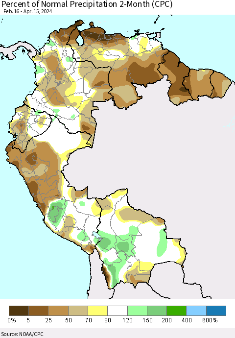 Northern South America Percent of Normal Precipitation 2-Month (CPC) Thematic Map For 2/16/2024 - 4/15/2024