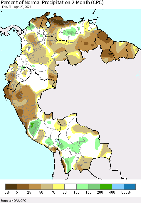 Northern South America Percent of Normal Precipitation 2-Month (CPC) Thematic Map For 2/21/2024 - 4/20/2024