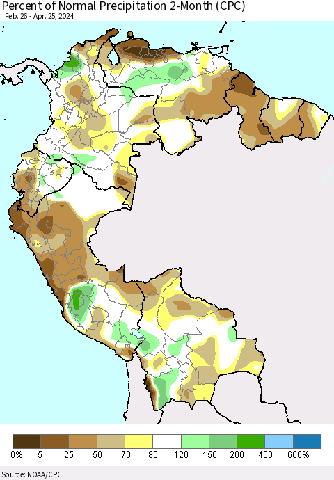 Northern South America Percent of Normal Precipitation 2-Month (CPC) Thematic Map For 2/26/2024 - 4/25/2024