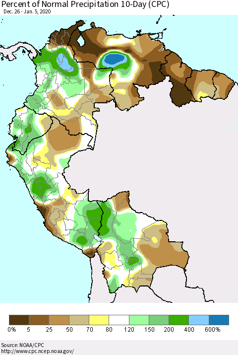 Northern South America Percent of Normal Precipitation 10-Day (CPC) Thematic Map For 12/26/2019 - 1/5/2020