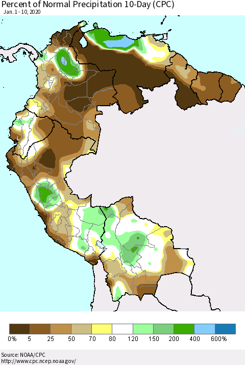Northern South America Percent of Normal Precipitation 10-Day (CPC) Thematic Map For 1/1/2020 - 1/10/2020