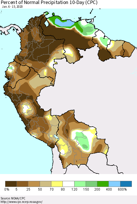 Northern South America Percent of Normal Precipitation 10-Day (CPC) Thematic Map For 1/6/2020 - 1/15/2020