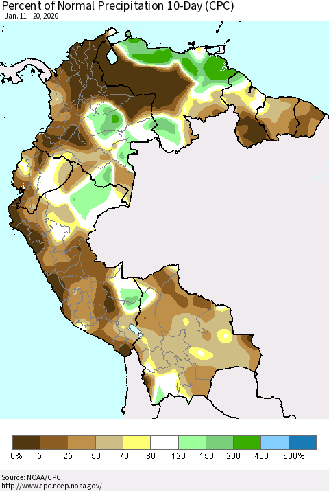 Northern South America Percent of Normal Precipitation 10-Day (CPC) Thematic Map For 1/11/2020 - 1/20/2020