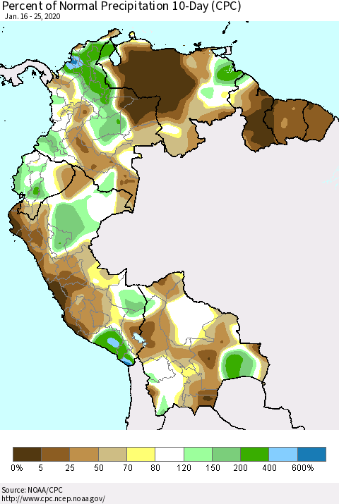 Northern South America Percent of Normal Precipitation 10-Day (CPC) Thematic Map For 1/16/2020 - 1/25/2020