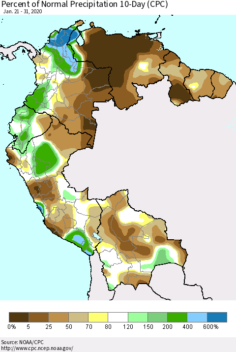 Northern South America Percent of Normal Precipitation 10-Day (CPC) Thematic Map For 1/21/2020 - 1/31/2020