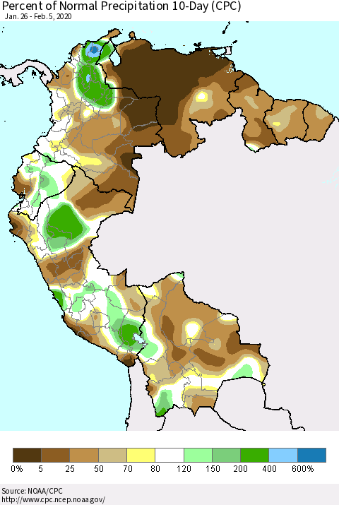 Northern South America Percent of Normal Precipitation 10-Day (CPC) Thematic Map For 1/26/2020 - 2/5/2020