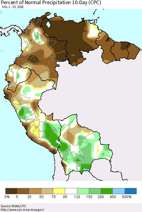 Northern South America Percent of Normal Precipitation 10-Day (CPC) Thematic Map For 2/1/2020 - 2/10/2020