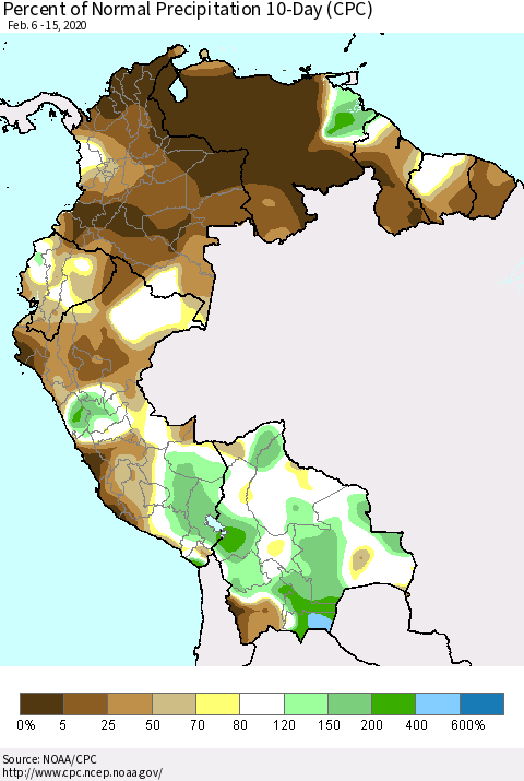Northern South America Percent of Normal Precipitation 10-Day (CPC) Thematic Map For 2/6/2020 - 2/15/2020