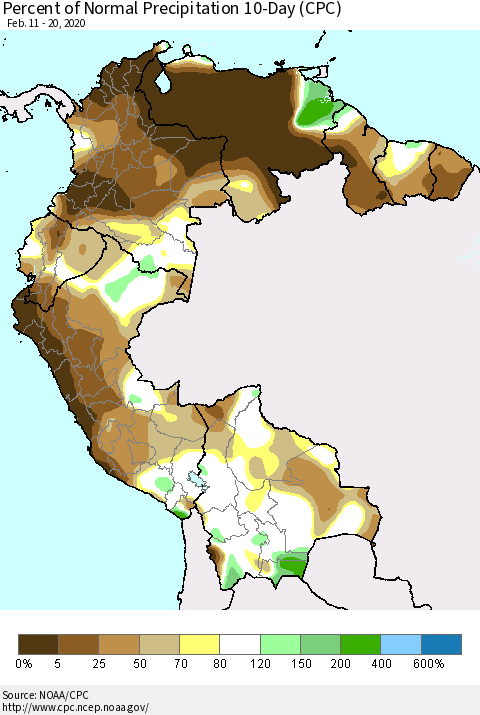 Northern South America Percent of Normal Precipitation 10-Day (CPC) Thematic Map For 2/11/2020 - 2/20/2020