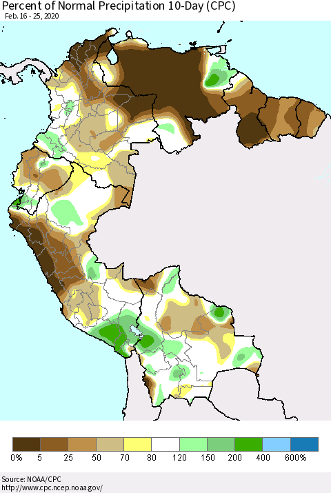 Northern South America Percent of Normal Precipitation 10-Day (CPC) Thematic Map For 2/16/2020 - 2/25/2020