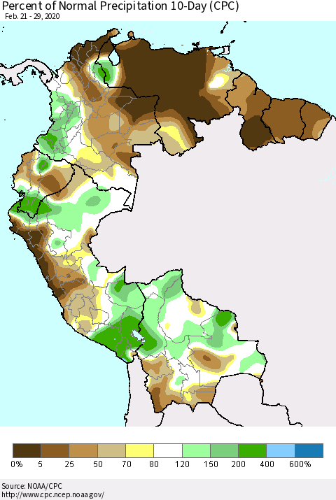 Northern South America Percent of Normal Precipitation 10-Day (CPC) Thematic Map For 2/21/2020 - 2/29/2020