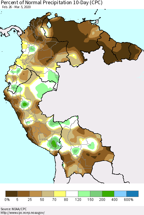Northern South America Percent of Normal Precipitation 10-Day (CPC) Thematic Map For 2/26/2020 - 3/5/2020