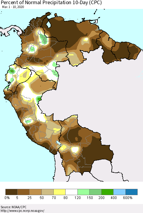 Northern South America Percent of Normal Precipitation 10-Day (CPC) Thematic Map For 3/1/2020 - 3/10/2020
