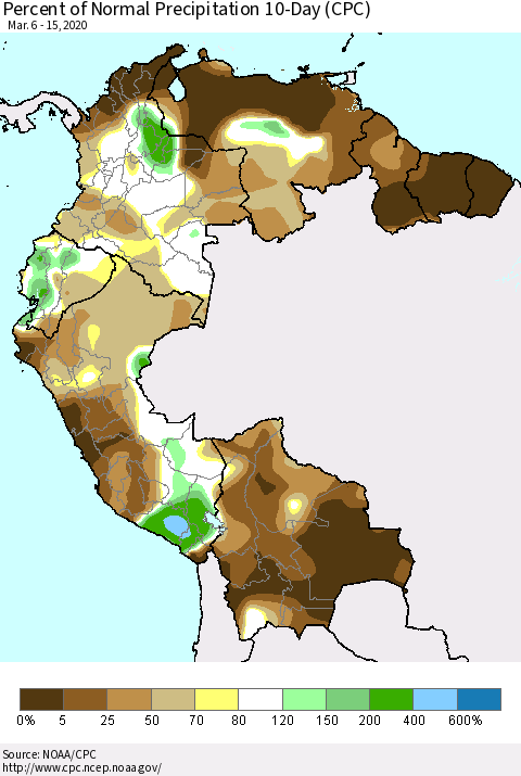 Northern South America Percent of Normal Precipitation 10-Day (CPC) Thematic Map For 3/6/2020 - 3/15/2020