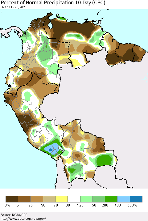 Northern South America Percent of Normal Precipitation 10-Day (CPC) Thematic Map For 3/11/2020 - 3/20/2020