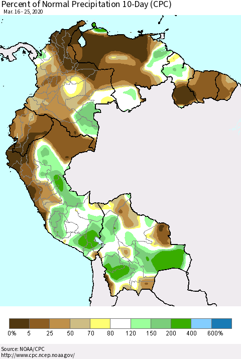 Northern South America Percent of Normal Precipitation 10-Day (CPC) Thematic Map For 3/16/2020 - 3/25/2020