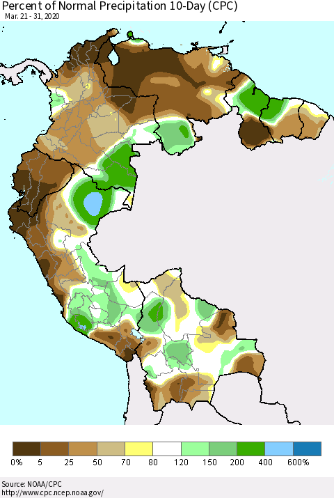 Northern South America Percent of Normal Precipitation 10-Day (CPC) Thematic Map For 3/21/2020 - 3/31/2020