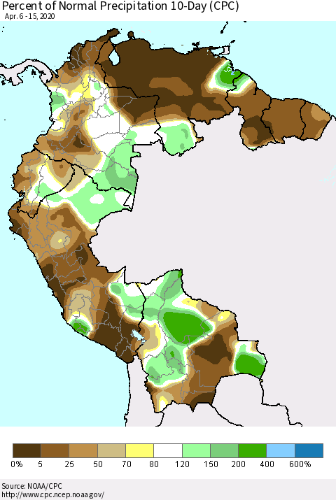 Northern South America Percent of Normal Precipitation 10-Day (CPC) Thematic Map For 4/6/2020 - 4/15/2020