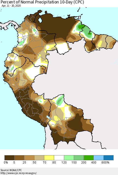 Northern South America Percent of Normal Precipitation 10-Day (CPC) Thematic Map For 4/11/2020 - 4/20/2020