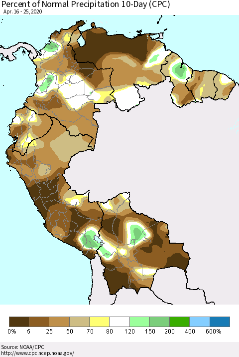 Northern South America Percent of Normal Precipitation 10-Day (CPC) Thematic Map For 4/16/2020 - 4/25/2020