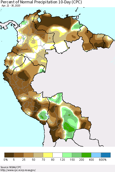 Northern South America Percent of Normal Precipitation 10-Day (CPC) Thematic Map For 4/21/2020 - 4/30/2020