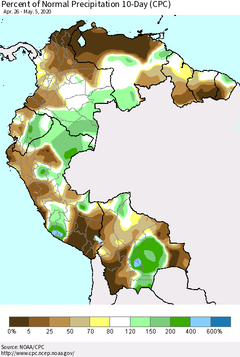 Northern South America Percent of Normal Precipitation 10-Day (CPC) Thematic Map For 4/26/2020 - 5/5/2020