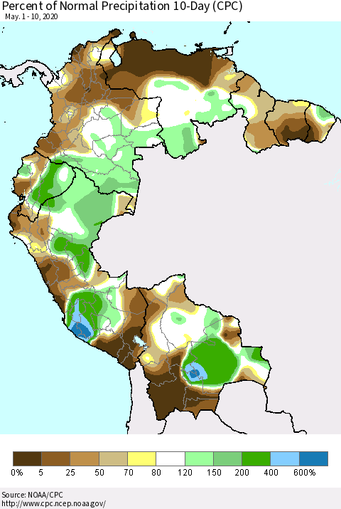 Northern South America Percent of Normal Precipitation 10-Day (CPC) Thematic Map For 5/1/2020 - 5/10/2020