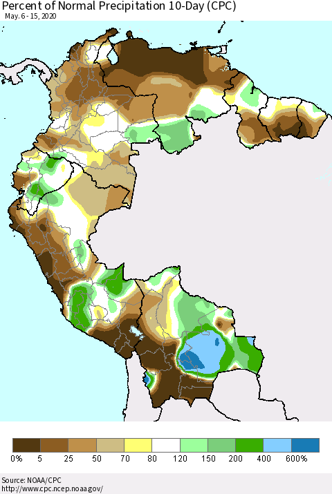 Northern South America Percent of Normal Precipitation 10-Day (CPC) Thematic Map For 5/6/2020 - 5/15/2020
