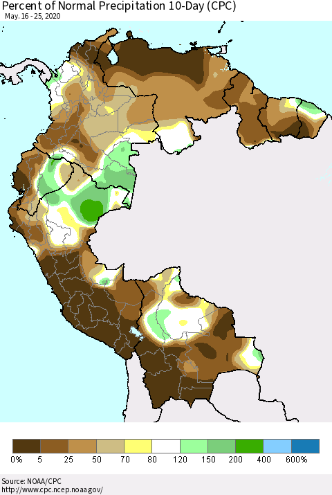 Northern South America Percent of Normal Precipitation 10-Day (CPC) Thematic Map For 5/16/2020 - 5/25/2020