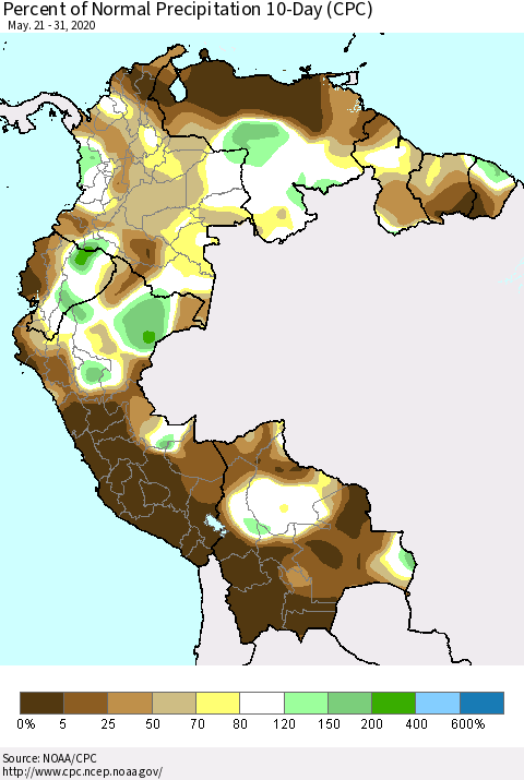 Northern South America Percent of Normal Precipitation 10-Day (CPC) Thematic Map For 5/21/2020 - 5/31/2020