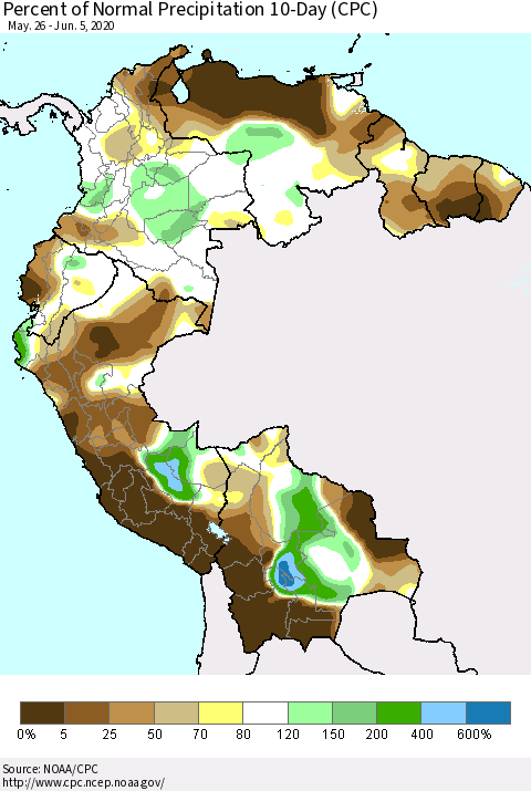 Northern South America Percent of Normal Precipitation 10-Day (CPC) Thematic Map For 5/26/2020 - 6/5/2020