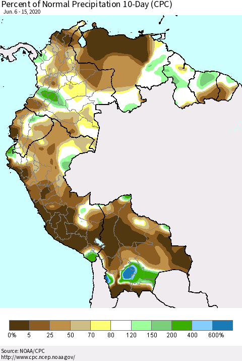 Northern South America Percent of Normal Precipitation 10-Day (CPC) Thematic Map For 6/6/2020 - 6/15/2020