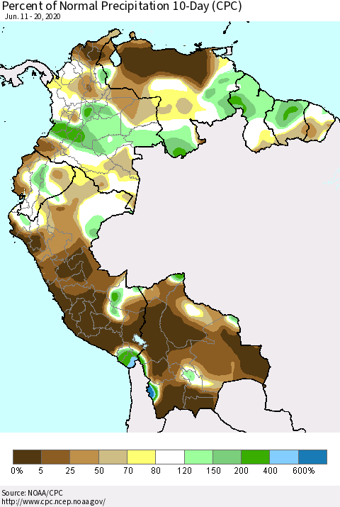 Northern South America Percent of Normal Precipitation 10-Day (CPC) Thematic Map For 6/11/2020 - 6/20/2020
