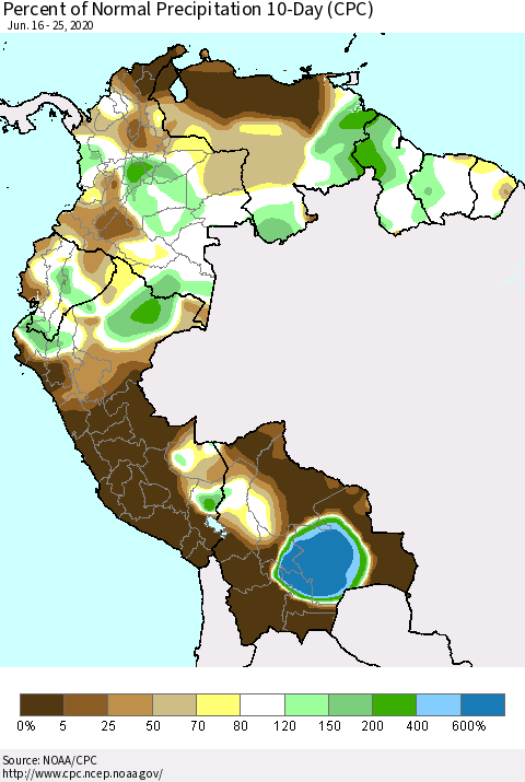 Northern South America Percent of Normal Precipitation 10-Day (CPC) Thematic Map For 6/16/2020 - 6/25/2020