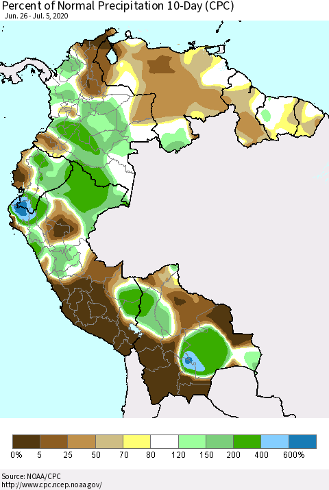 Northern South America Percent of Normal Precipitation 10-Day (CPC) Thematic Map For 6/26/2020 - 7/5/2020