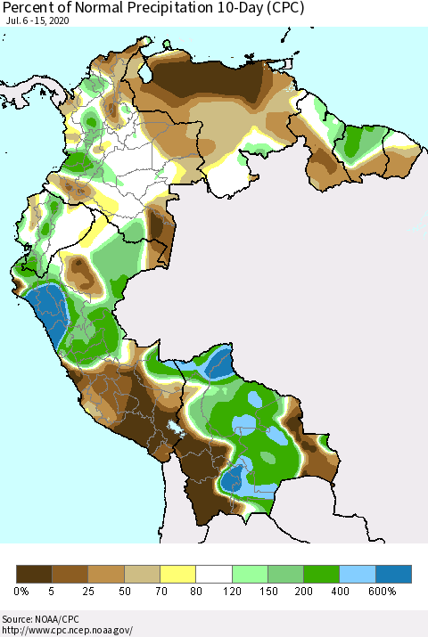 Northern South America Percent of Normal Precipitation 10-Day (CPC) Thematic Map For 7/6/2020 - 7/15/2020