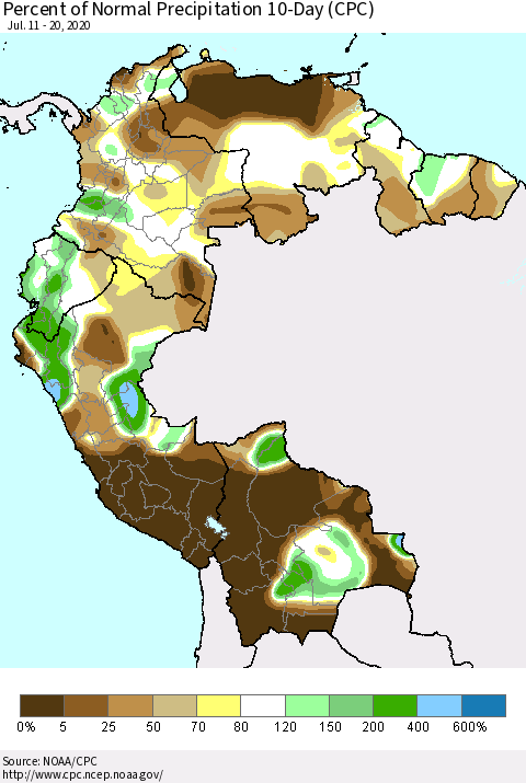 Northern South America Percent of Normal Precipitation 10-Day (CPC) Thematic Map For 7/11/2020 - 7/20/2020