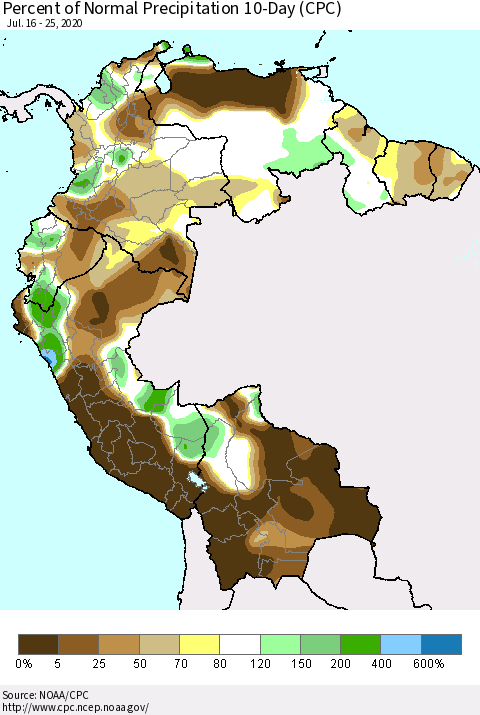 Northern South America Percent of Normal Precipitation 10-Day (CPC) Thematic Map For 7/16/2020 - 7/25/2020