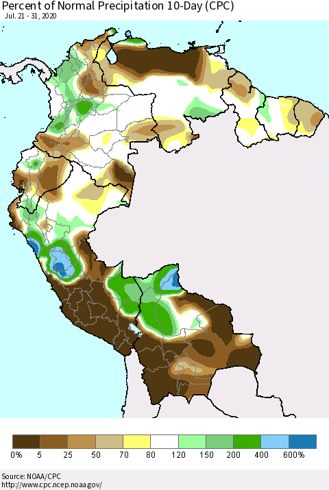 Northern South America Percent of Normal Precipitation 10-Day (CPC) Thematic Map For 7/21/2020 - 7/31/2020