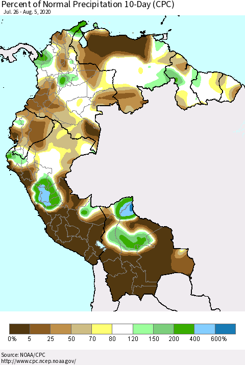Northern South America Percent of Normal Precipitation 10-Day (CPC) Thematic Map For 7/26/2020 - 8/5/2020