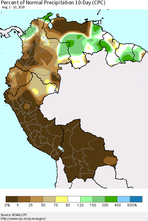 Northern South America Percent of Normal Precipitation 10-Day (CPC) Thematic Map For 8/1/2020 - 8/10/2020