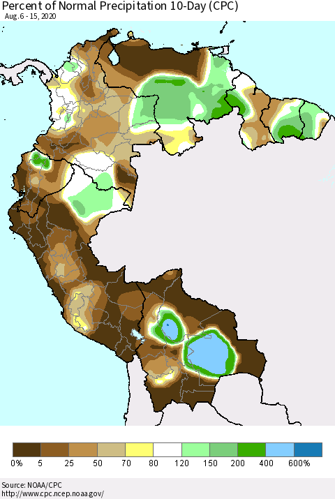 Northern South America Percent of Normal Precipitation 10-Day (CPC) Thematic Map For 8/6/2020 - 8/15/2020